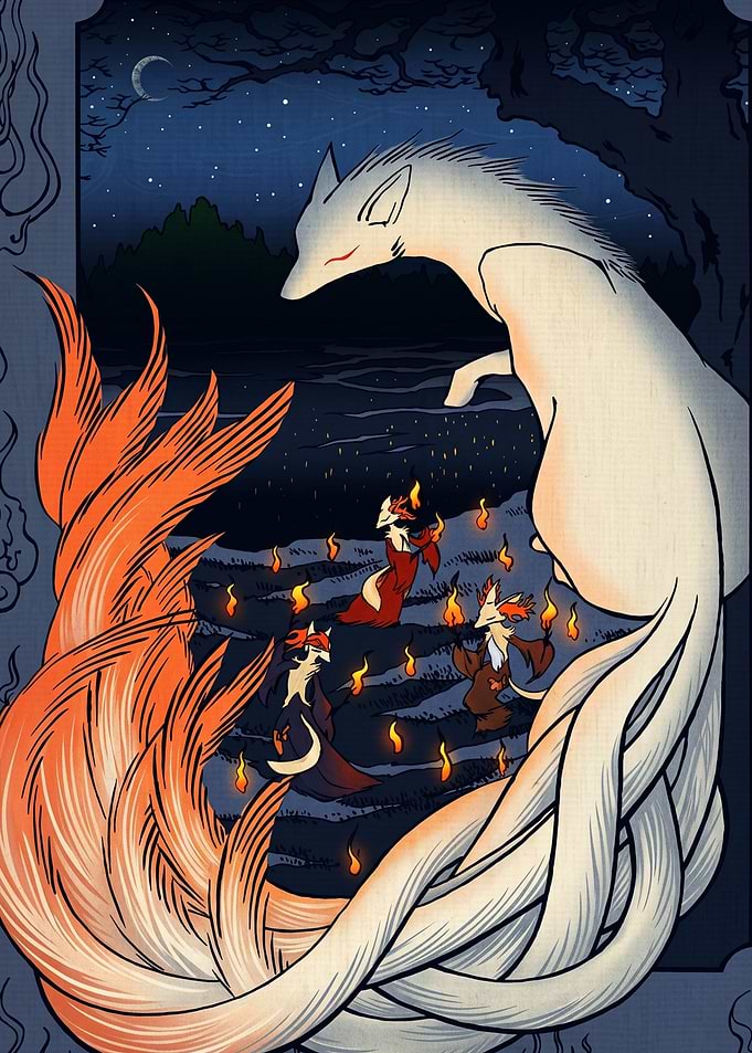 Mythical Foxes and Lanterns at Night