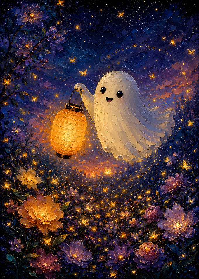 Cute Ghost Holding a Lantern in a Magical Garden