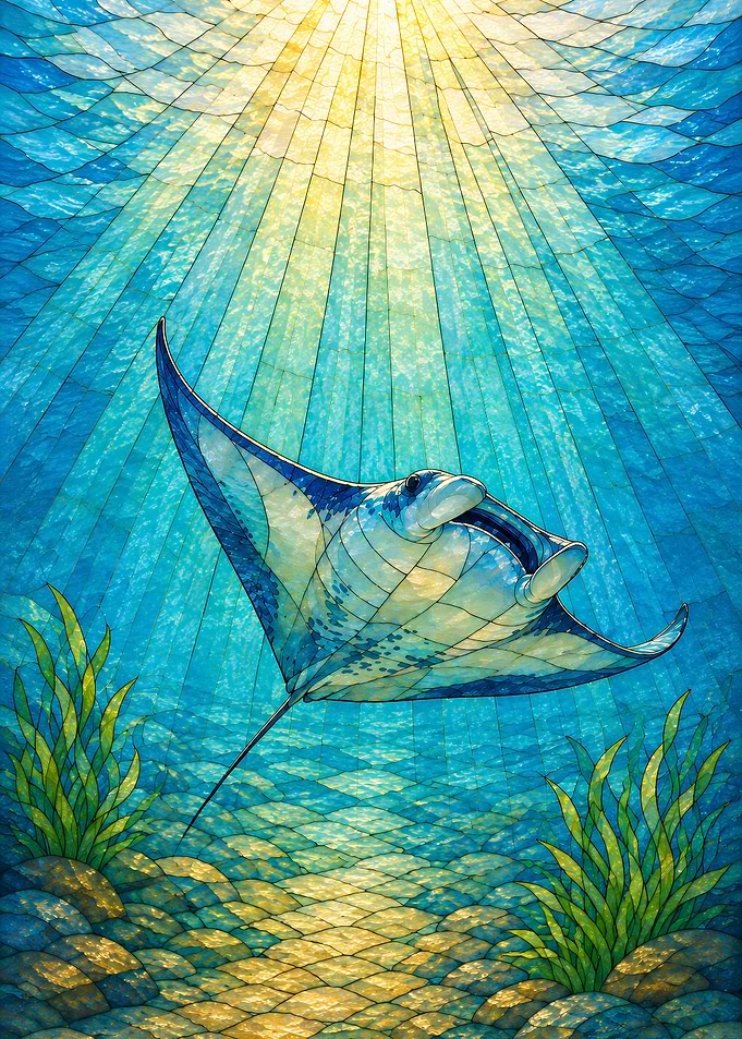 Manta Ray Swimming in Sunlit Ocean