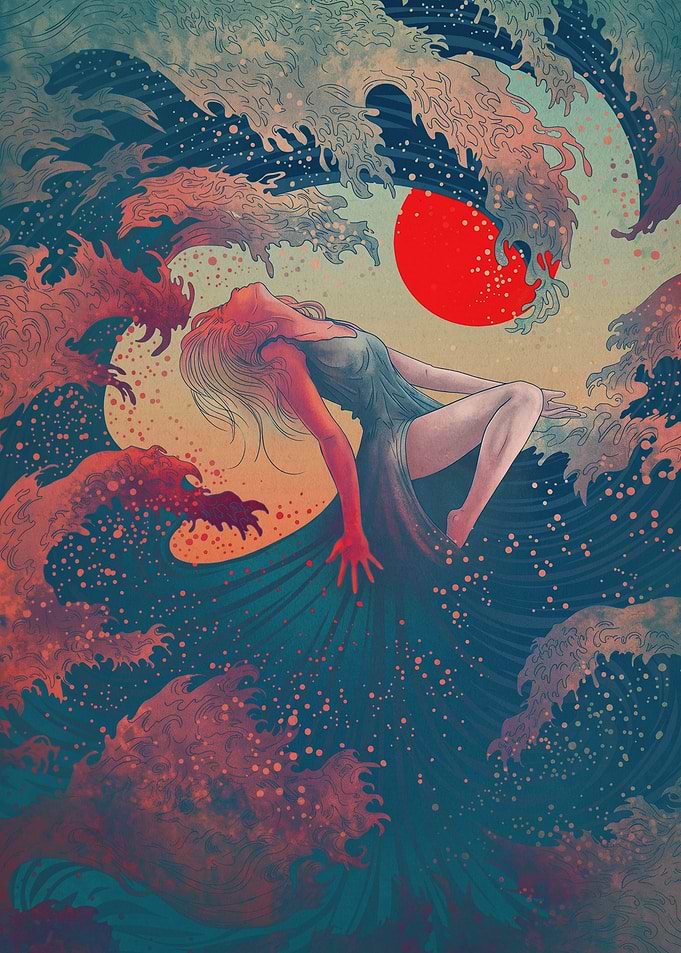 Woman in Waves with Red Sun