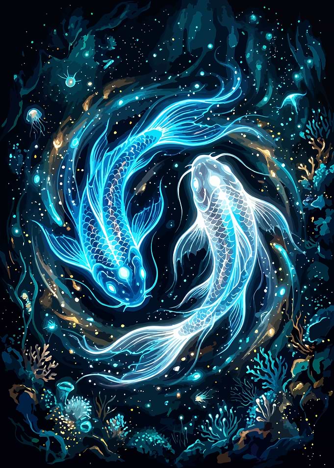 Two glowing koi fish in space
