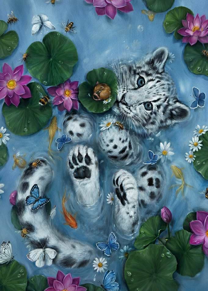 Cute Snow Leopard Cub in Water Lilies