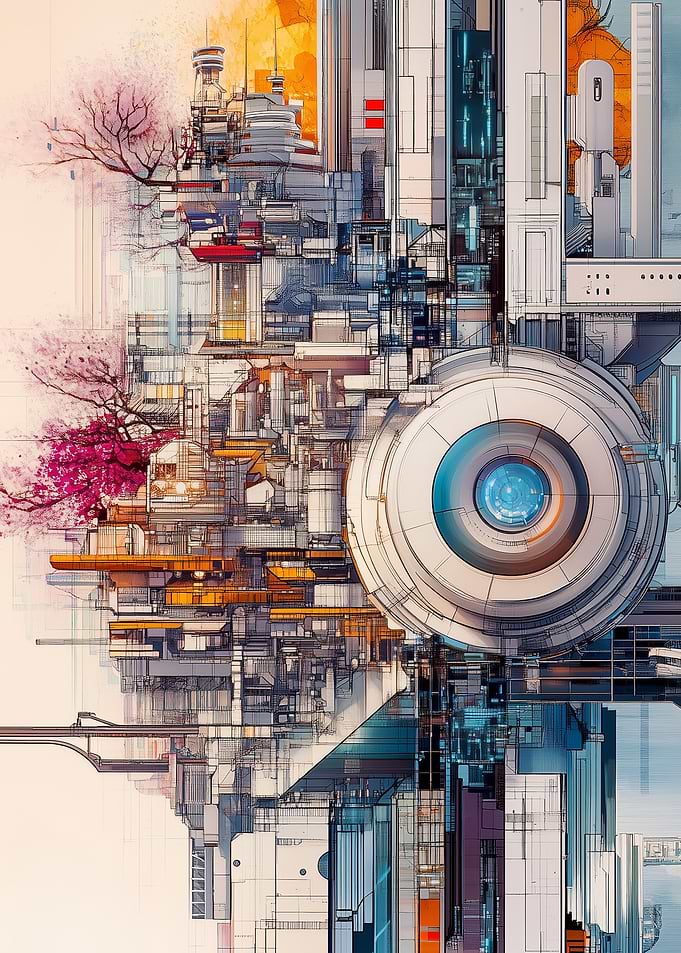 Futuristic Cityscape ok Tokyo with Cherry Blossoms