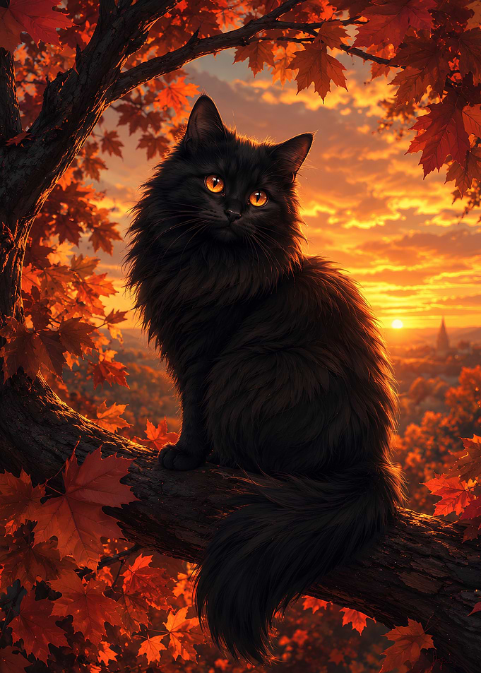 Black Cat in Autumn Tree