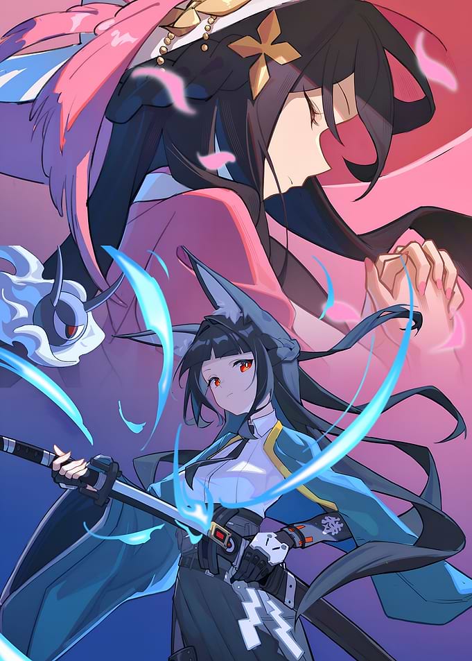 Anime characters with swords and spirits