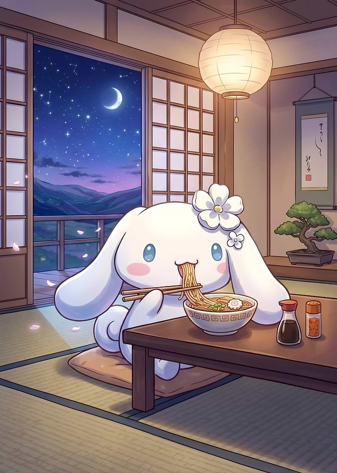 Cinnamoroll Eating Ramen in a Japanese Room