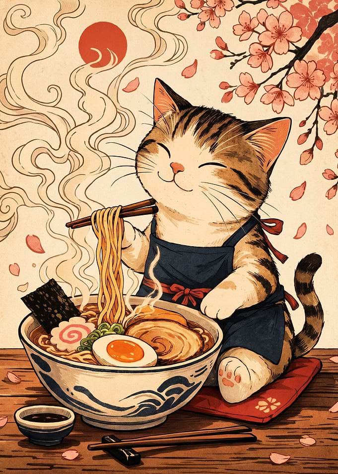 Cute Cat Enjoying Ramen