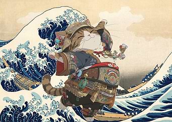 Cat in Traditional Japanese Attire Amidst Great Waves