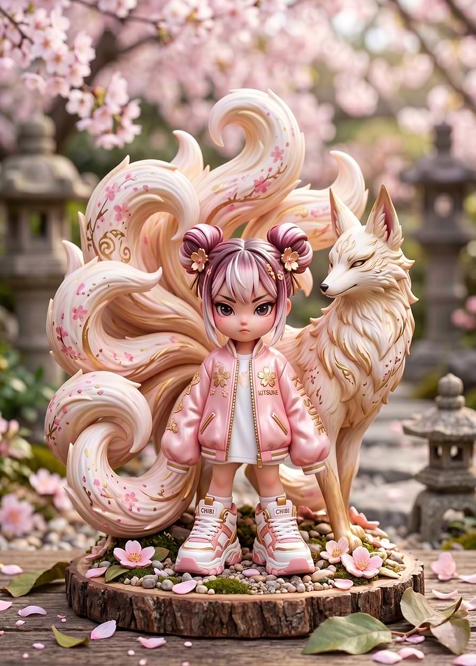 Cute Kitsune Girl and Fox Figurine