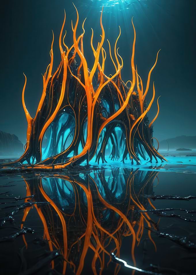 Bioluminescent Coral Cathedral — Surreal Underwater Tendrils
