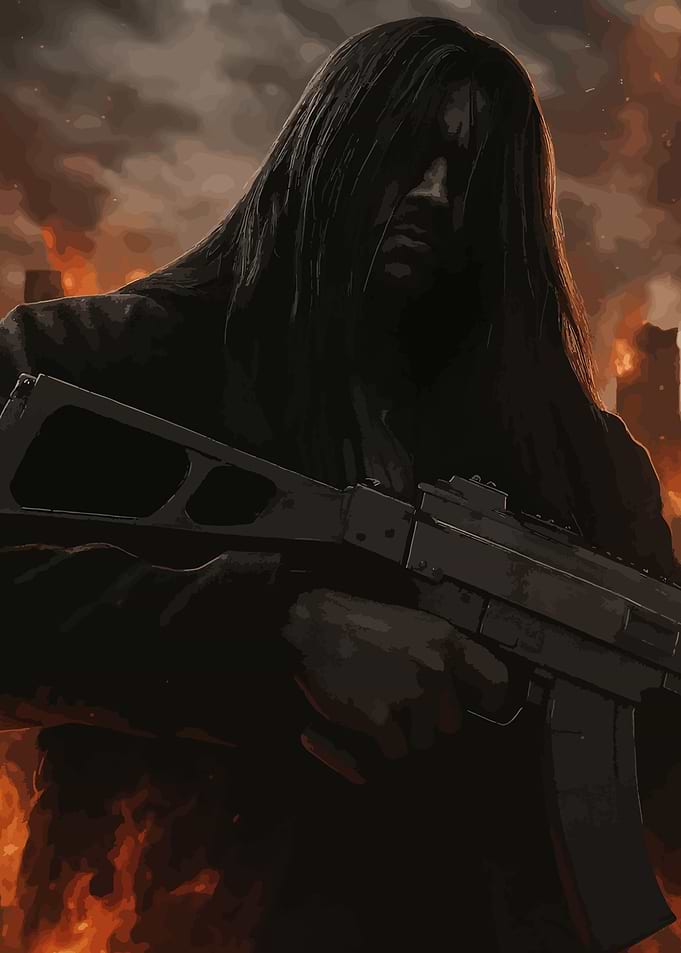 Man with Gun in Burning City