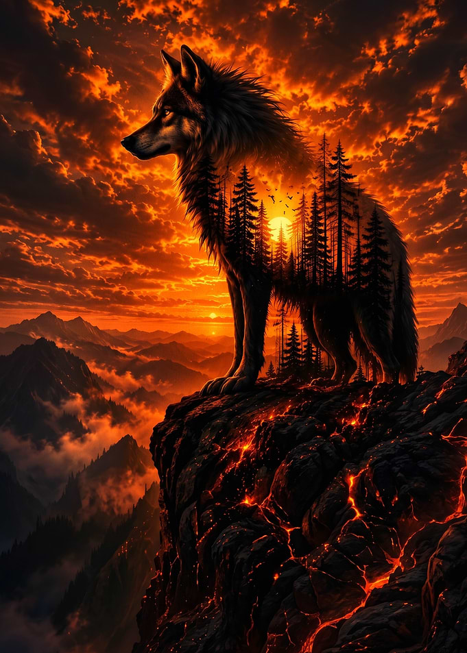 Wolf on Lava Cliff at Sunset