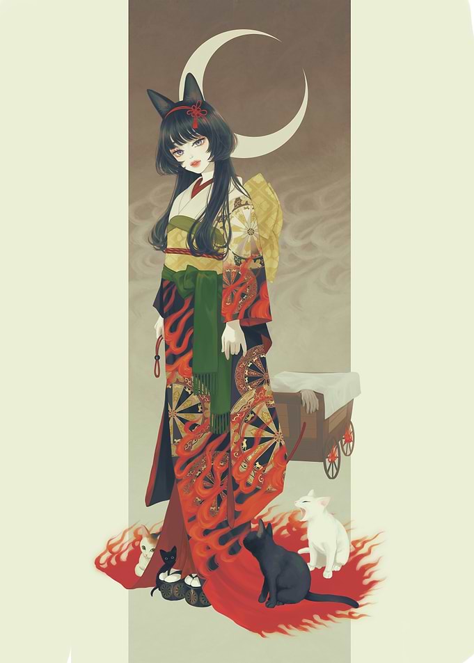 Kitsune Girl with Cats and Crescent Moon