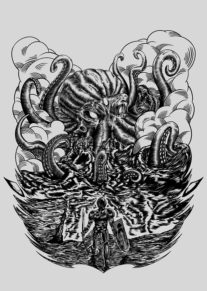 Knight vs. Kraken in Stormy Seas