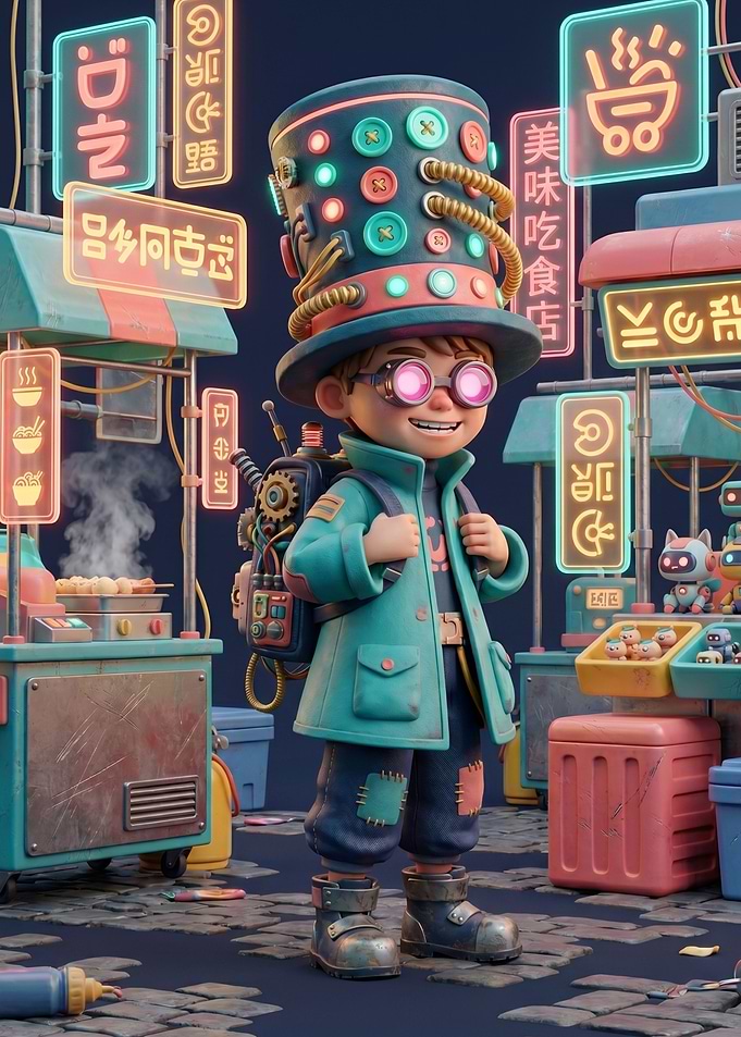 Steampunk Boy in Neon Asian Street Market