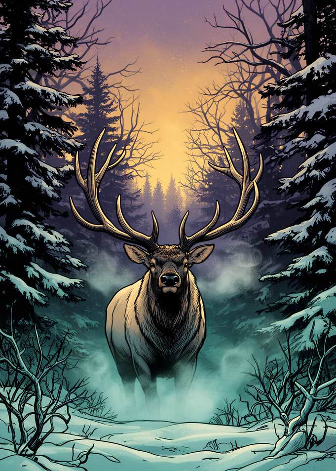 Majestic Elk in Snowy Forest