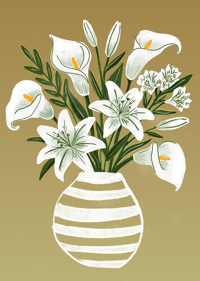 White Lilies and Calla Lilies in Striped Vase