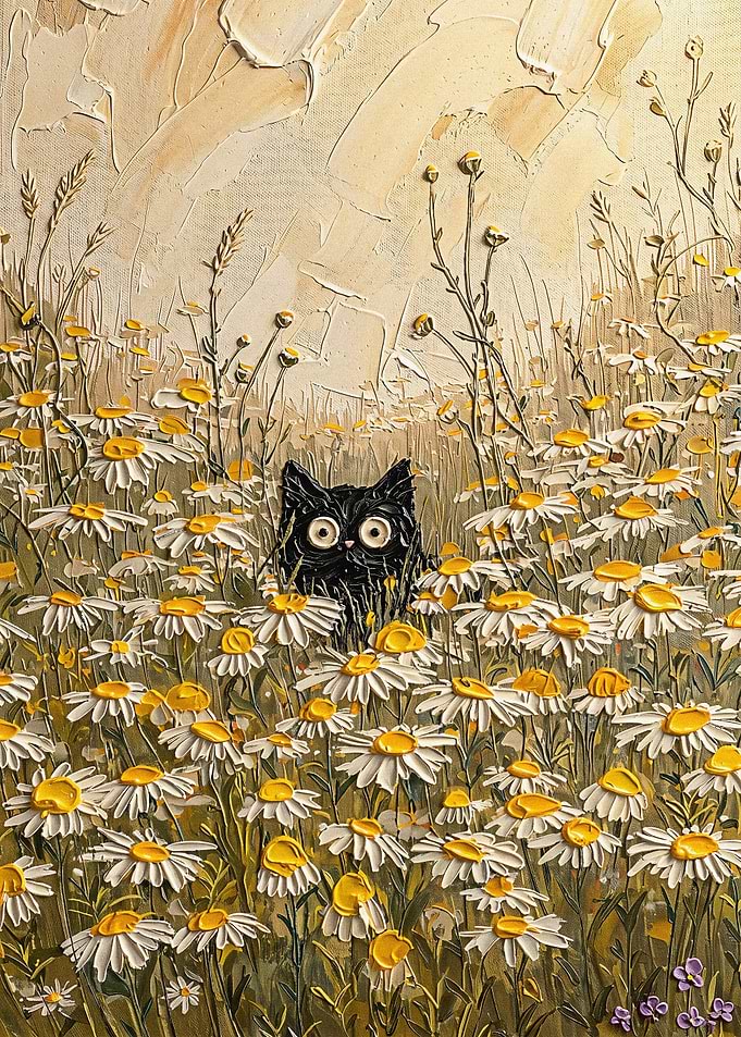 Black Cat in Daisy Field Painting