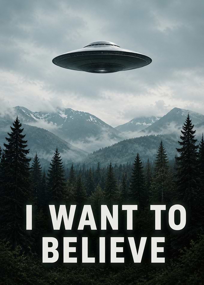 UFO over a Forest and Mountains