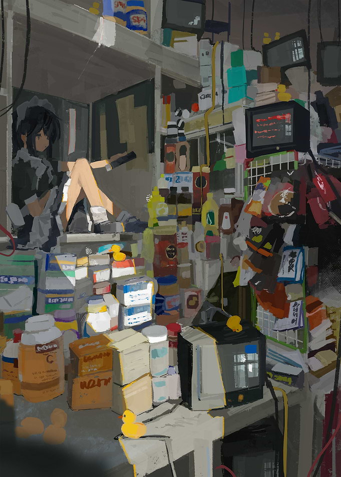 Maid Girl in Cluttered Room with Electronics