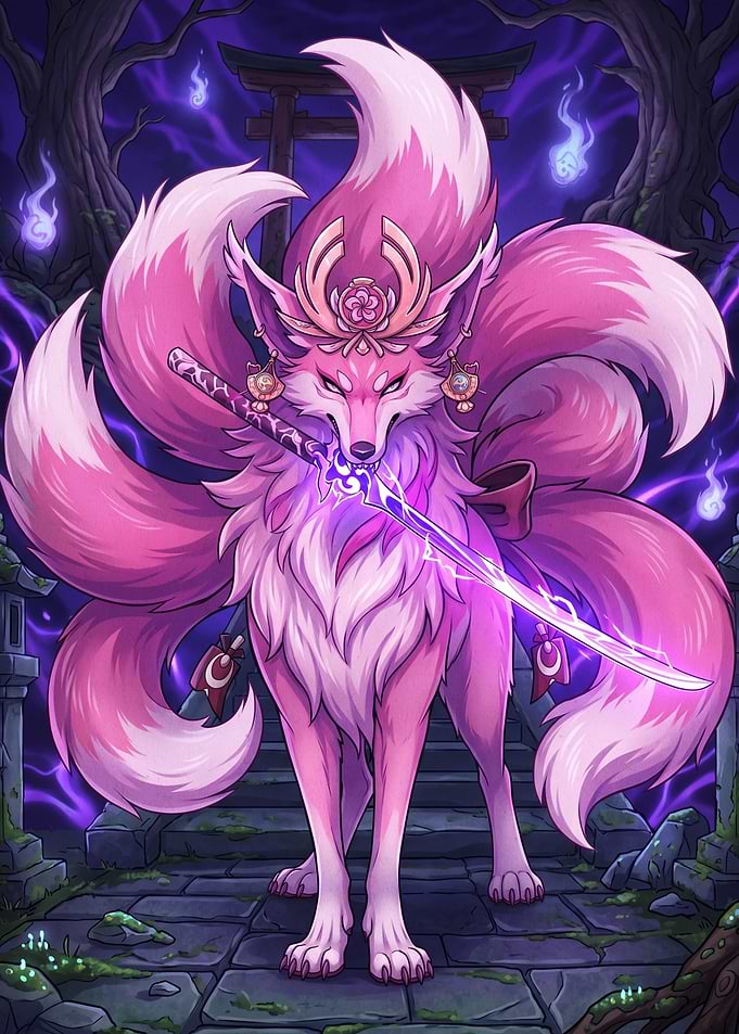 Pink Kitsune Warrior with Glowing Sword