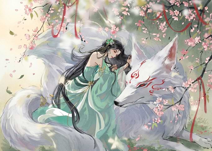 Woman and Fox Under Cherry Blossoms