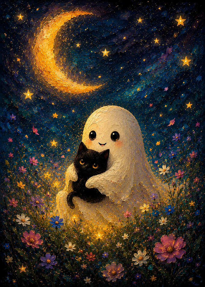 Cute Ghost Hugging Black Cat Under Moon