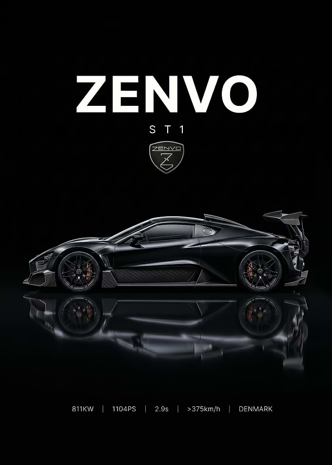 sleek black Zenvo ST1 Supercar car poster