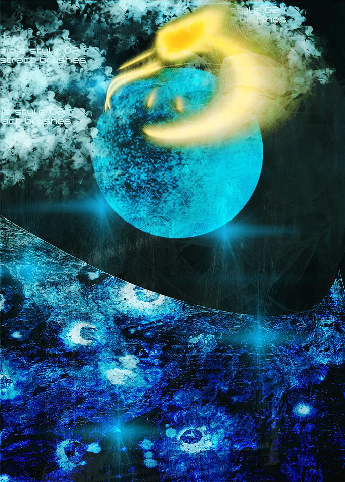 Cosmic Abstract with Blue Planet and Yellow Energy