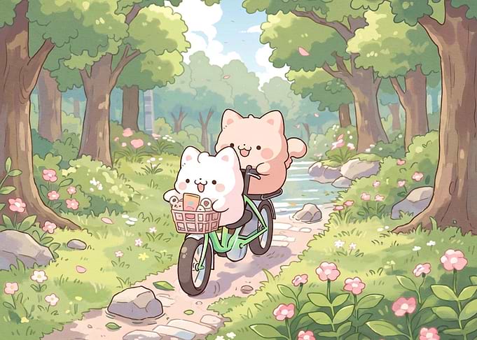 Cute Cats Riding a Bicycle in Nature
