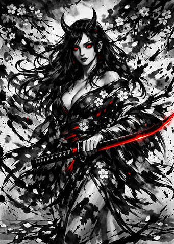 Demonic Woman with Red Eyes and Katana