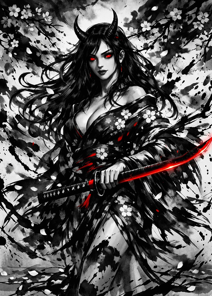 Demonic Woman with Red Eyes and Katana