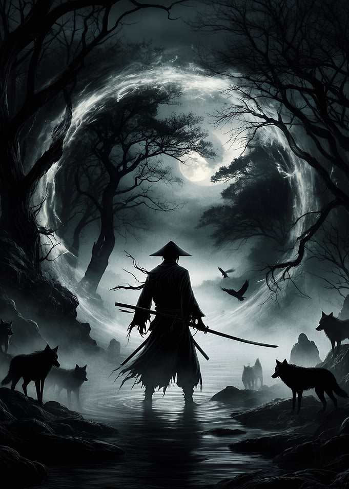 Samurai Warrior Confronts Wolves in Misty Forest