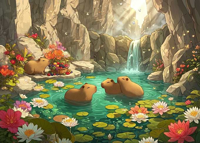 Capybaras in a Serene Waterfall Pond