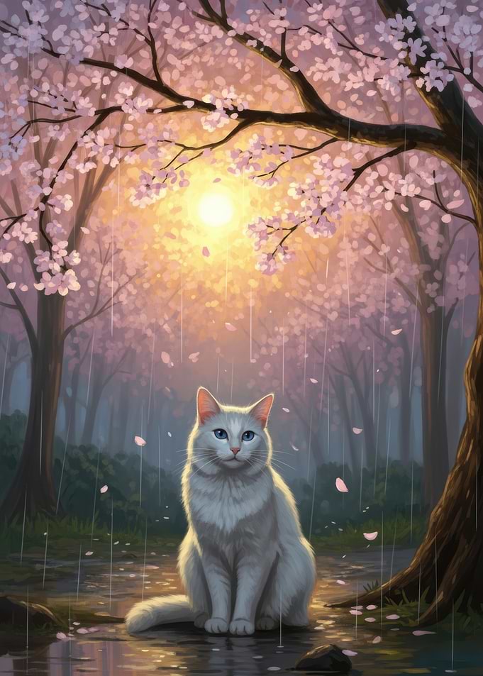 White Cat in Cherry Blossom Rain