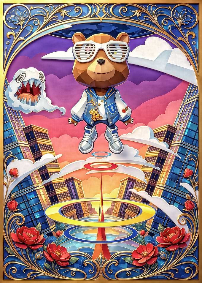 Bear Character in Futuristic Cityscape