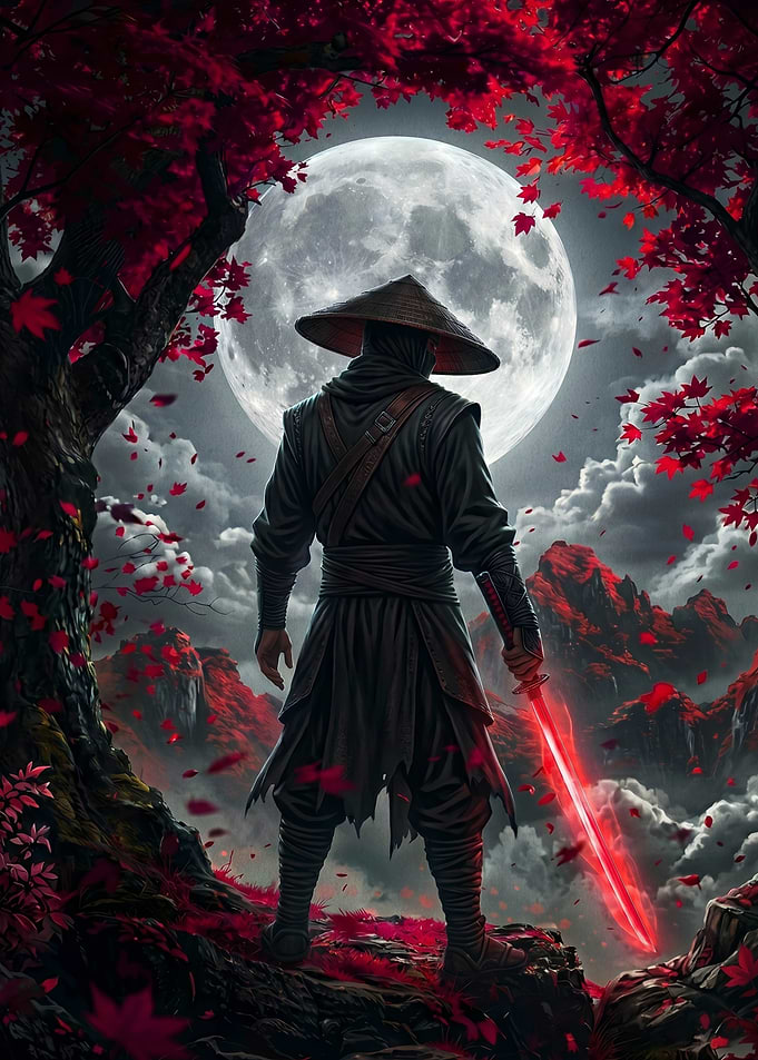 Ninja with glowing sword under the moon