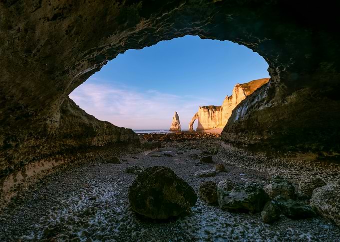 Cave view of Etretat cliffs