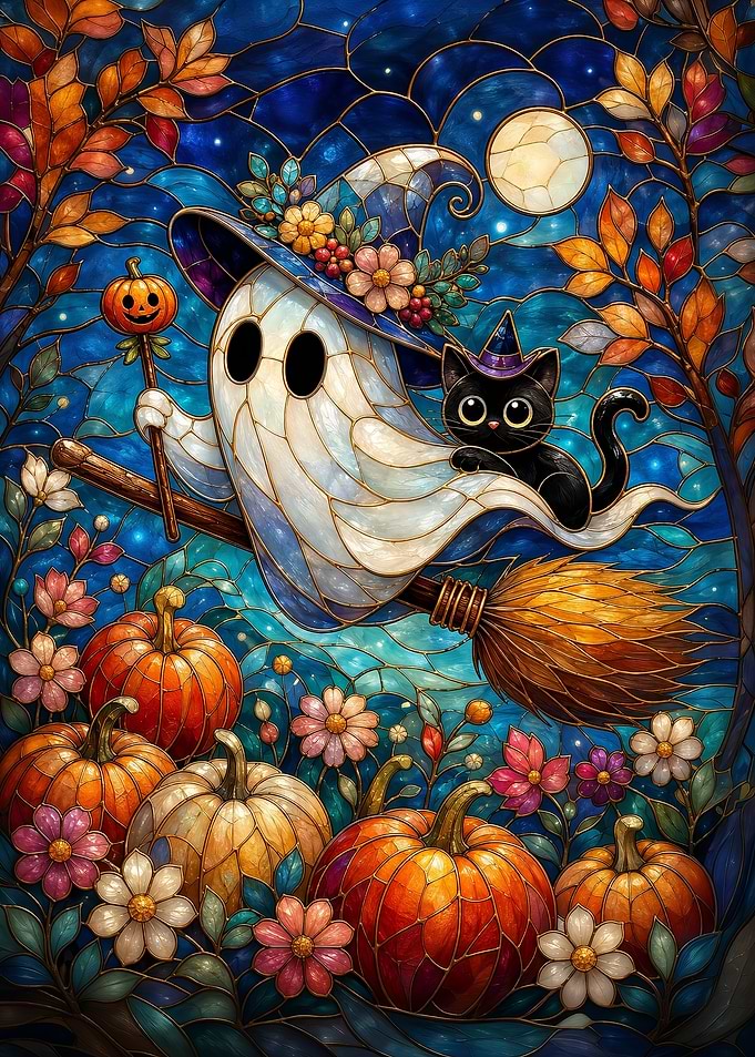 Halloween Ghost and Black Cat on Broom