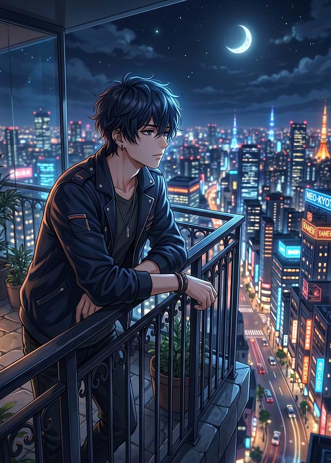 Anime Guy on Balcony Overlooking City