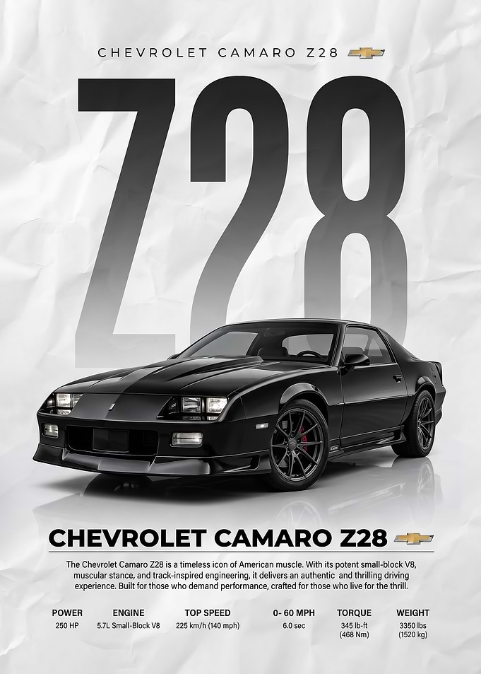 sleek muscle black Chevrolet Camaro Z28 Poster