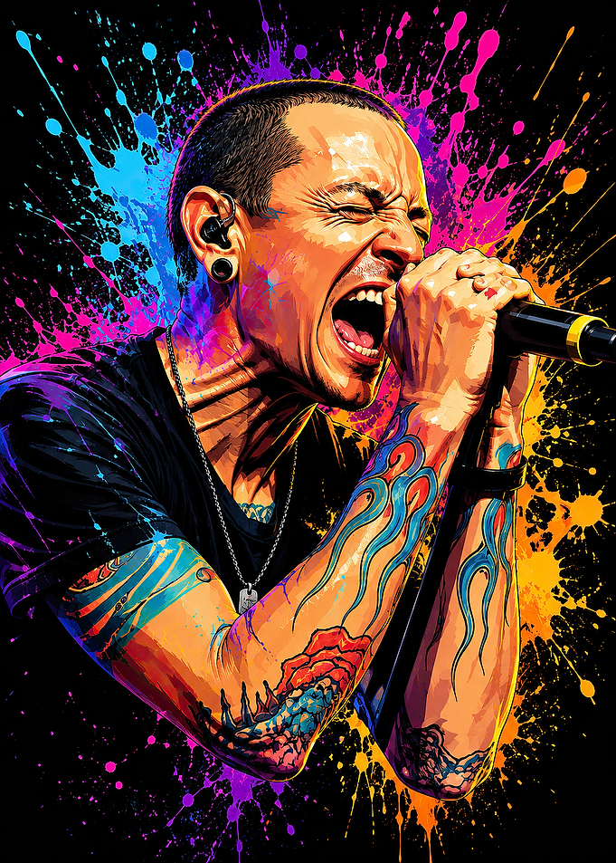 Chester Bennington singing with paint splashes