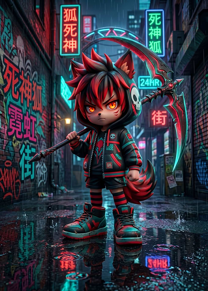 Anime Fox Character with Scythe in Neon City