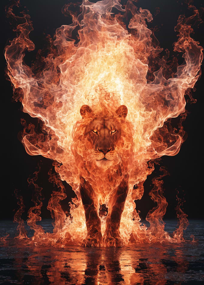 Lion engulfed in flames