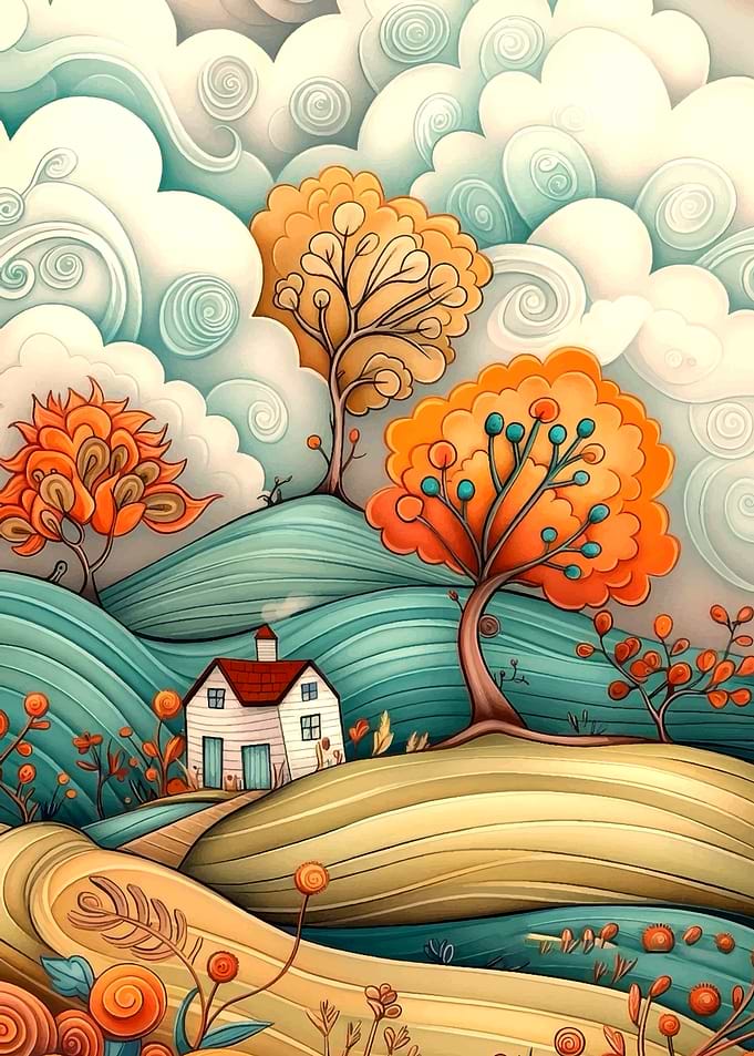 Whimsical Landscape with House and Trees