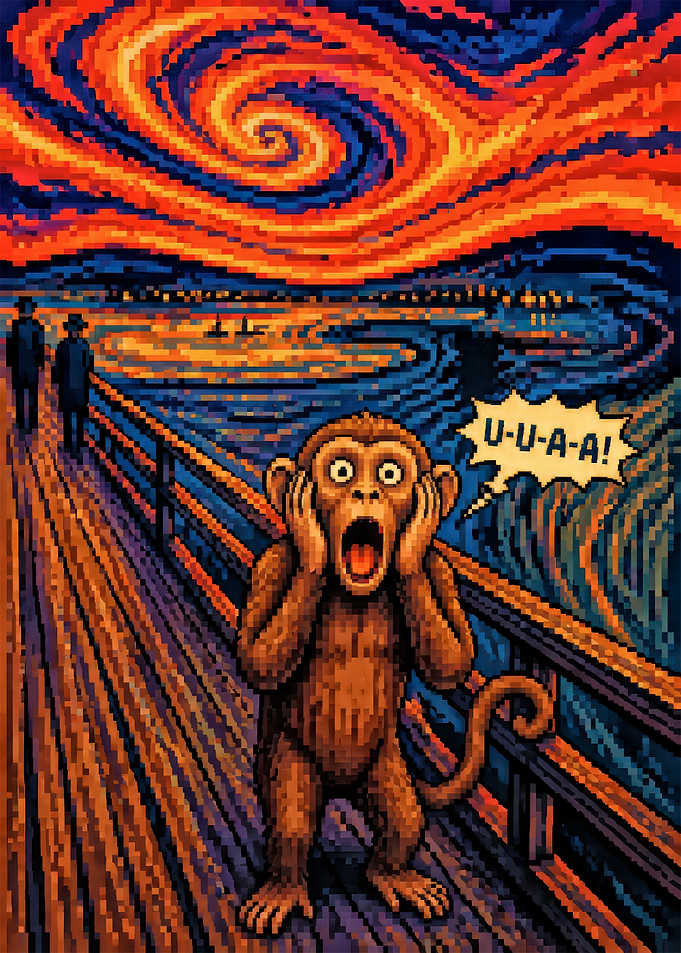Pixelated Monkey Screaming in Van Gogh Style