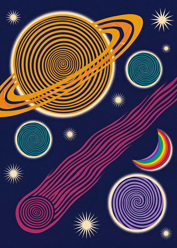 Psychedelic Spiral Planets Rainbow Moon Cosmic Space Illustration
