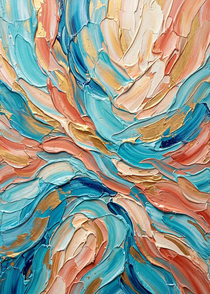Turquoise Coral Gold Abstract Impasto