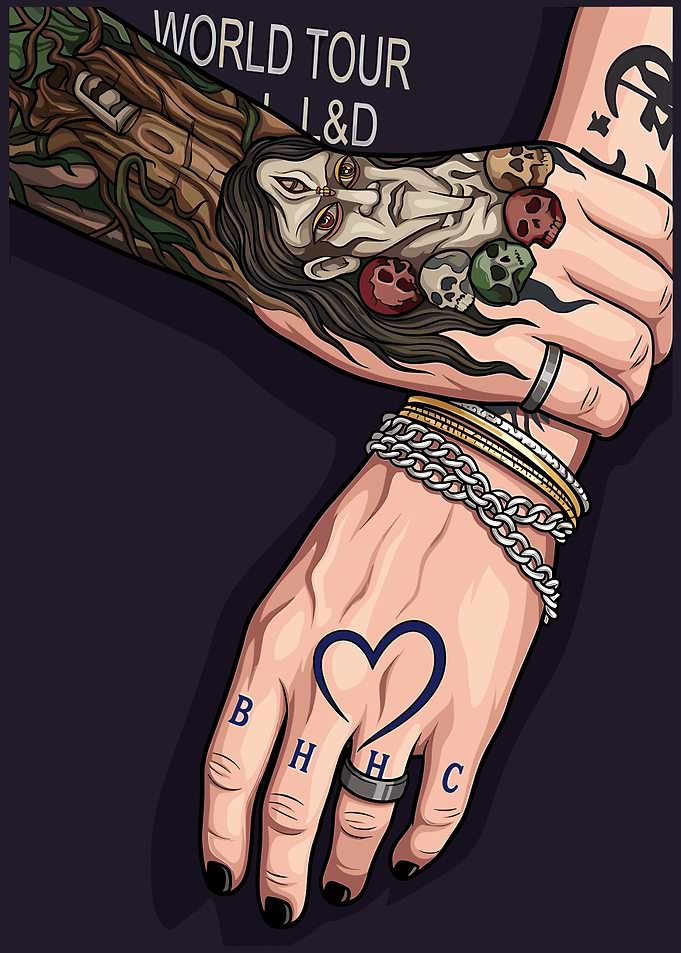 Tattooed Hands with Heart and Skulls