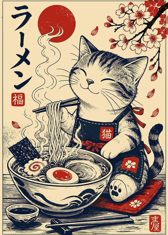 Cute Cat Eating Ramen
